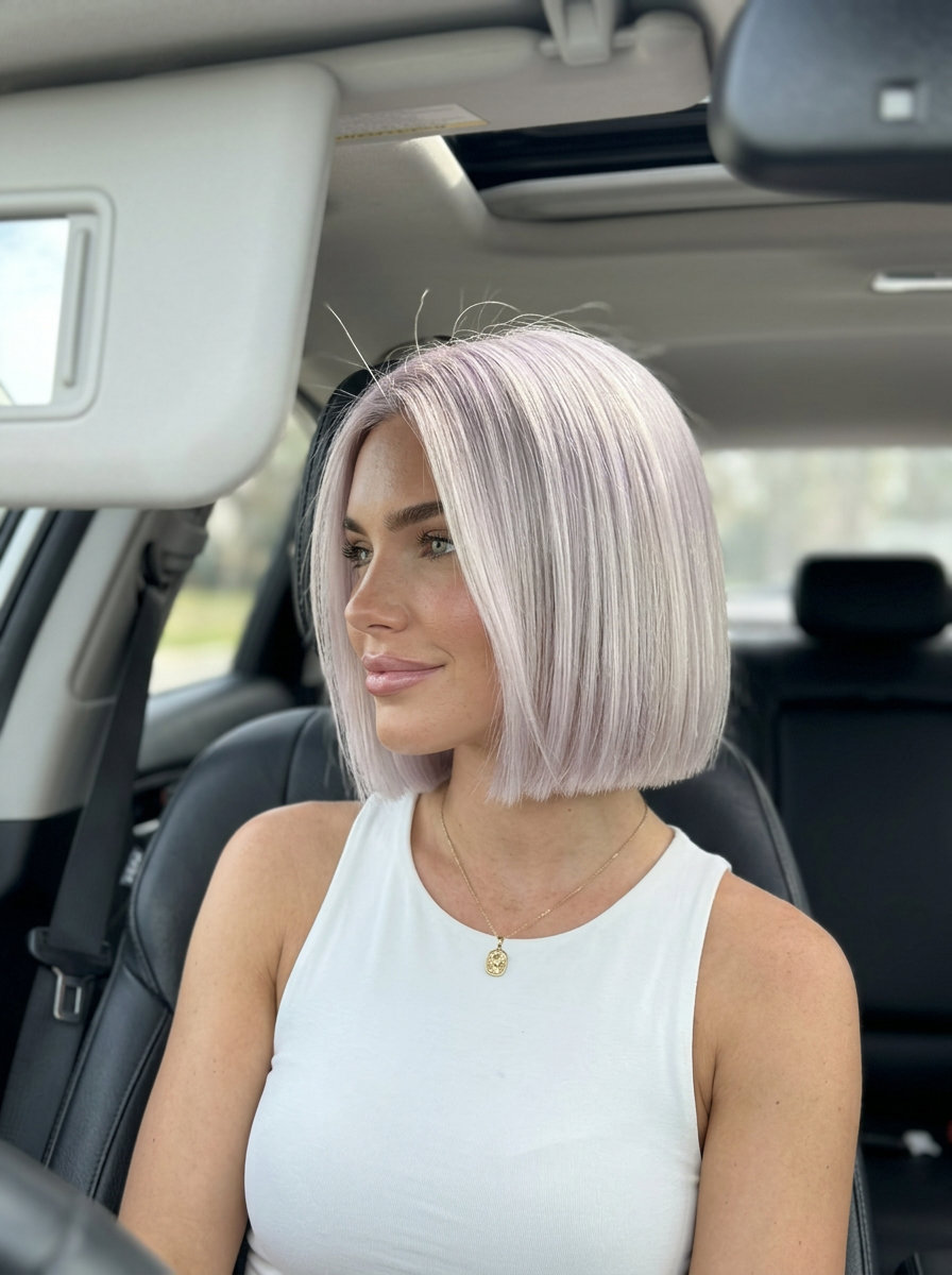 Platinum Blonde French Bob 2026 short french bob with platinum blonde and violet undertones and side part for glamour