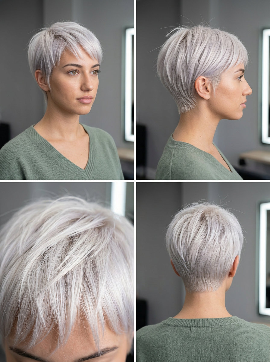 short pixie crop with platinum blonde color, soft blunt perimeter and deep side part for minimalist style