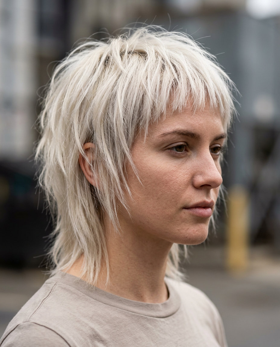 short shag haircut with platinum blonde, aggressive layers and micro-bangs for edgy rebellious style
