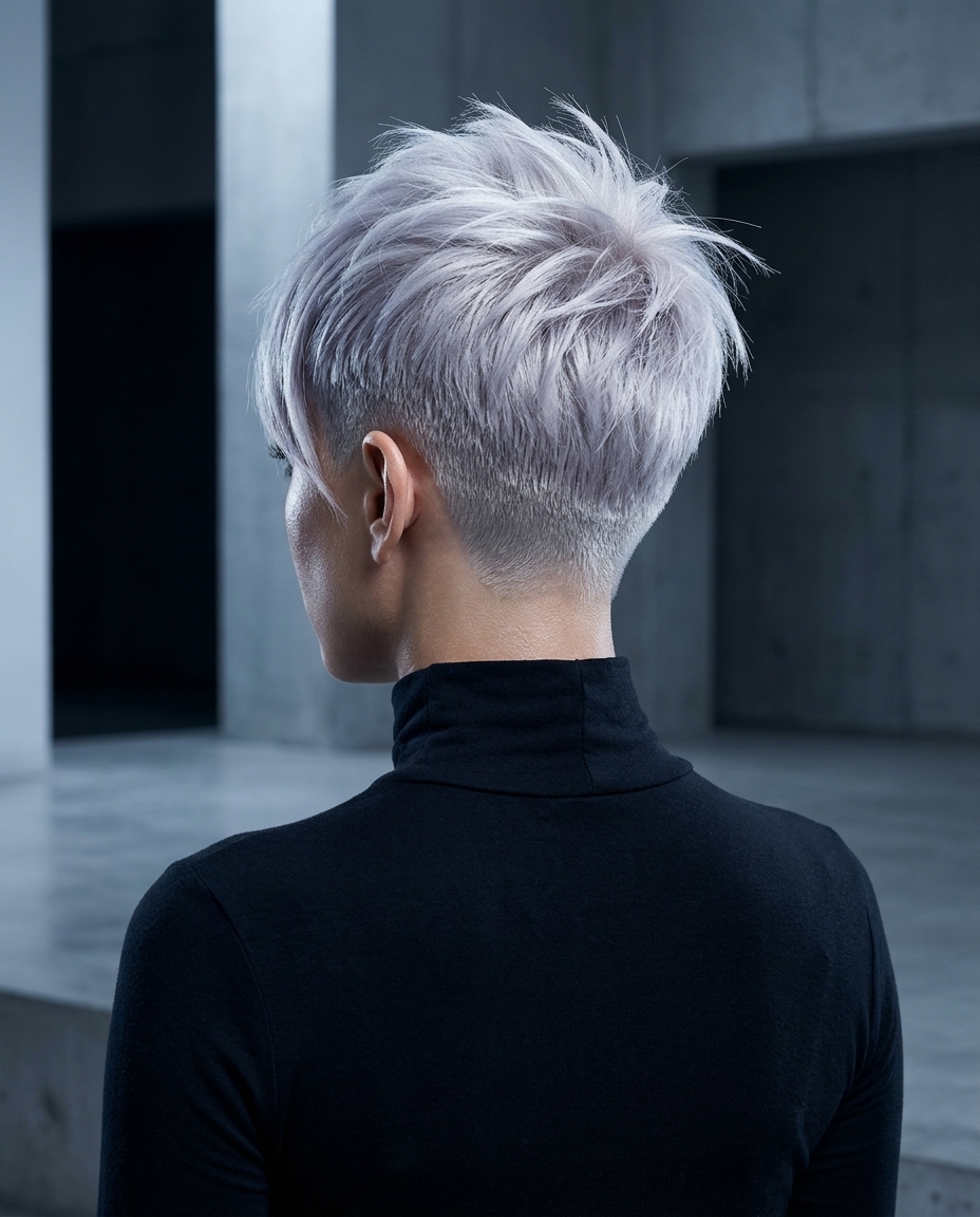 asymmetrical crop haircut in icy platinum blonde with silver-violet toner, clipper-fade sides, textured top layers, soft side-swept fringe — bold edgy