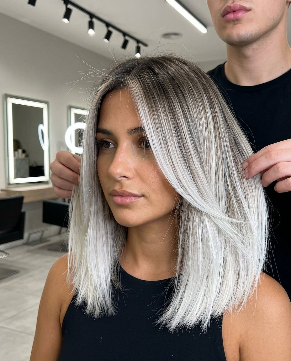 Bold Platinum Blonde Ombré 2026 long layered platinum blonde ombré with ash root, bold transition, for music festival