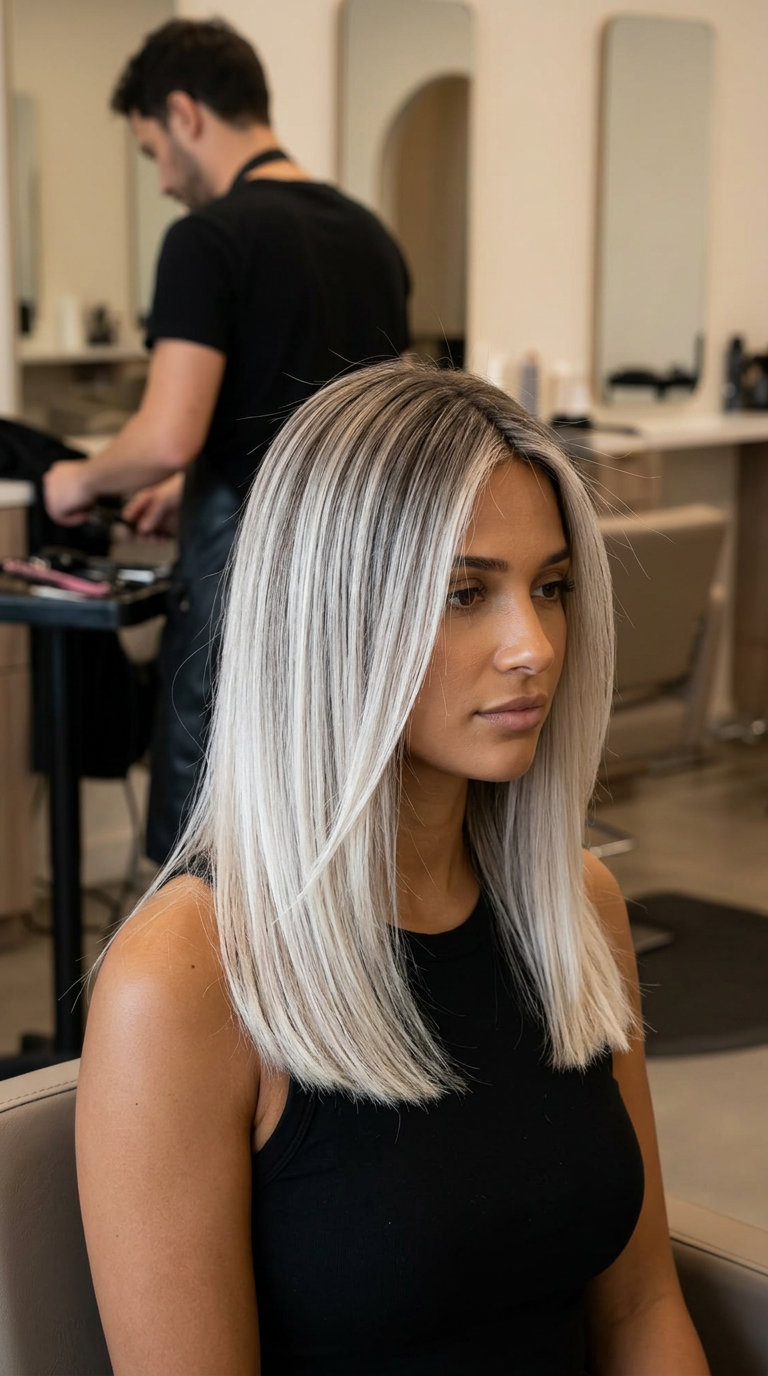 Platinum Reverse Balayage Hair Color 2026 long platinum blonde haircut with dark ash root, reverse balayage, silver undertones — edgy dramatic style