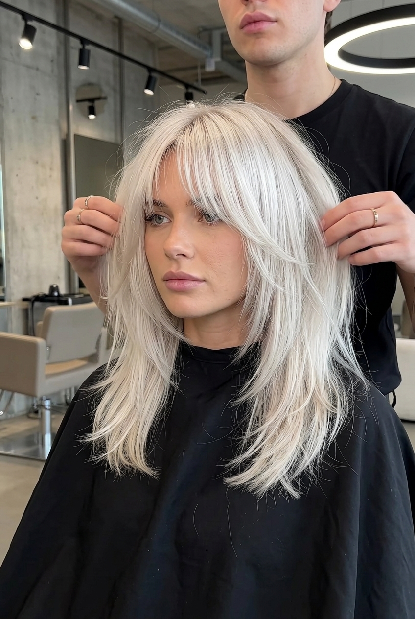 medium shag haircut with icy platinum blonde & smoky root, razored layers, heavy fringe — edgy festival look