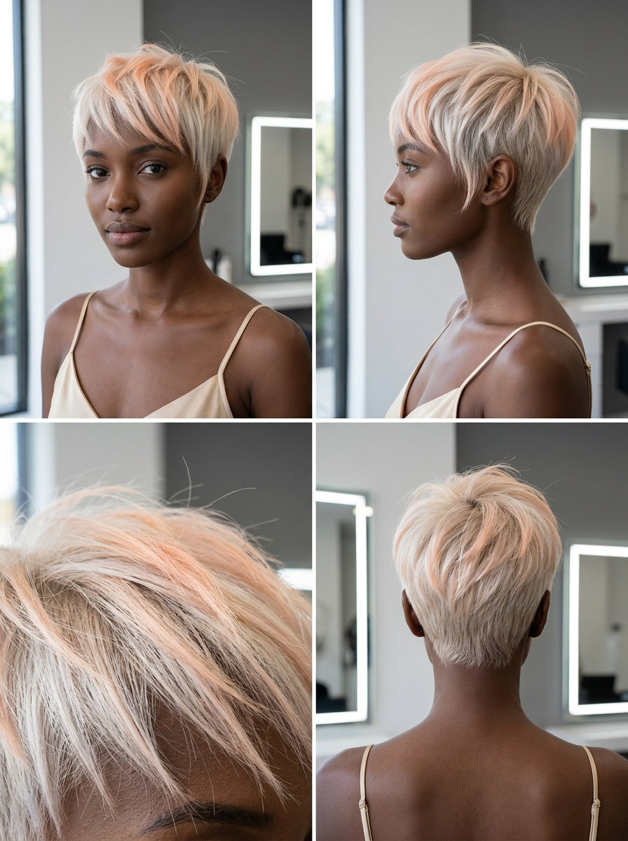 Peach Fuzz Pixie 2026: Platinum Blonde with Pastel Tips very short platinum blonde pixie haircut with pastel peach tips, point-cut texture for summer