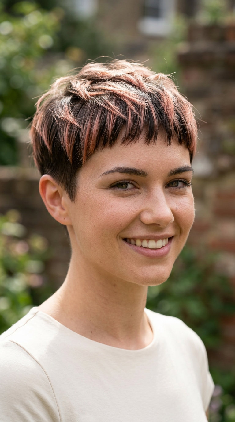 Rose Gold Frosted Fringe Pixie 2026: Platinum very short platinum blonde pixie haircut with rose gold tips, blunt micro-fringe for summer