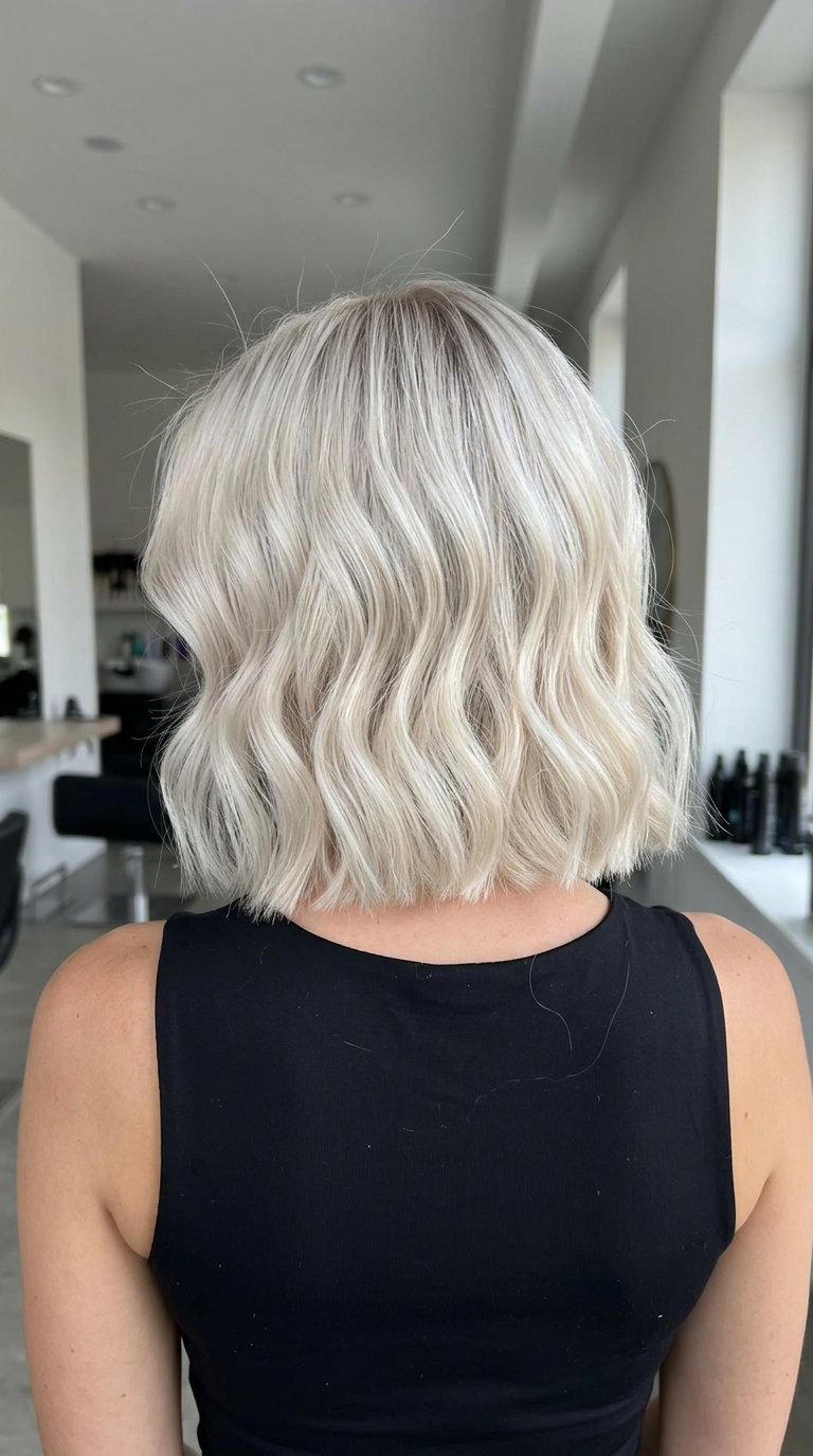 short blunt bob haircut with icy platinum blonde, razor-sharp ends for edgy events