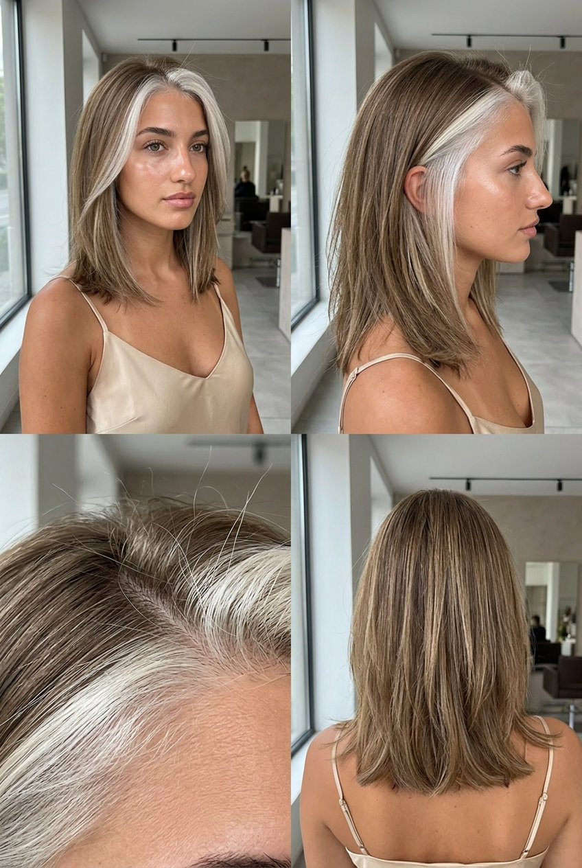 short bob platinum blonde hairline with natural dark blonde roots, icy toner, no fringe — fresh minimalist look