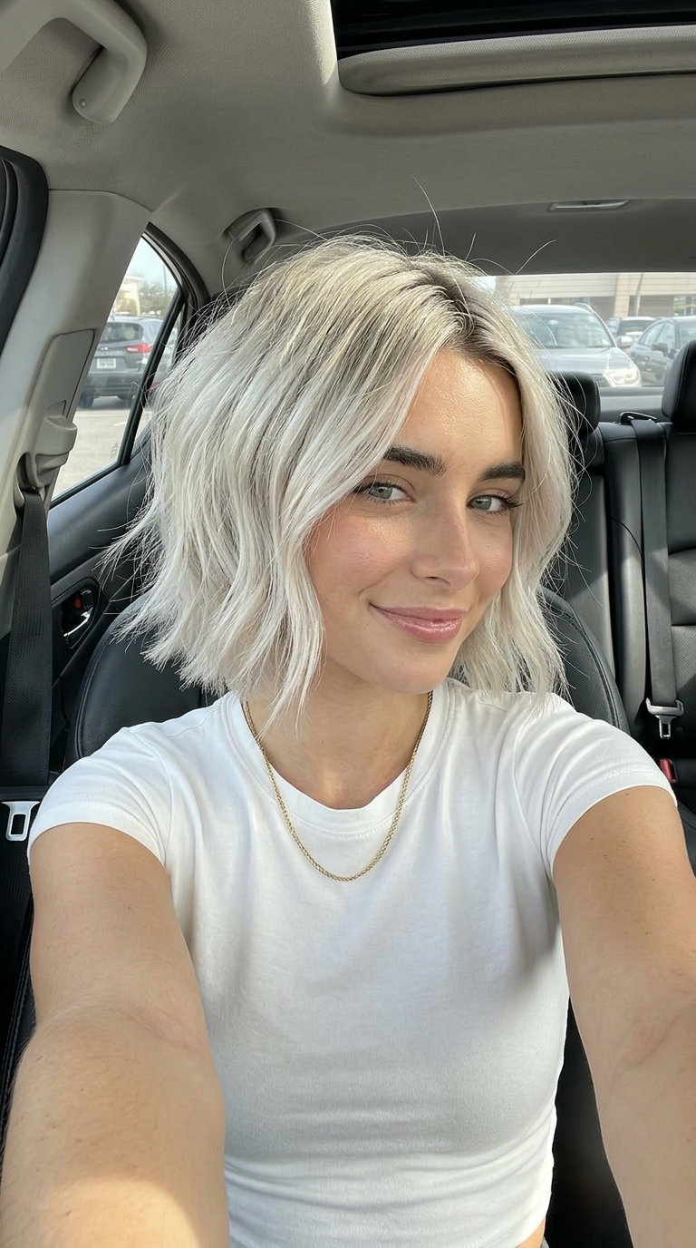 short wavy bob haircut with icy platinum blonde, razored perimeter — edgy festival style