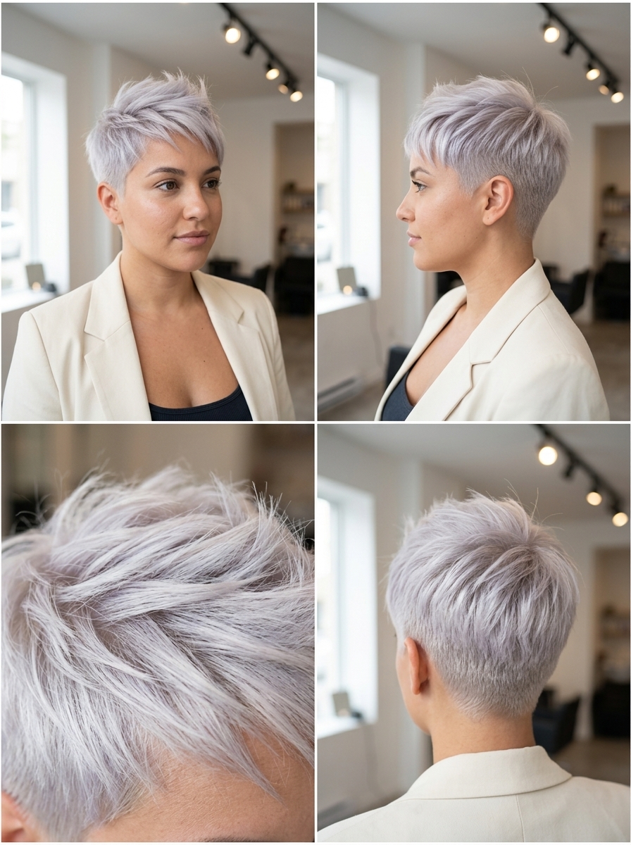 Platinum Textured Pixie 2026 short pixie haircut in icy platinum blonde with clipper-faded sides and textured top for round face