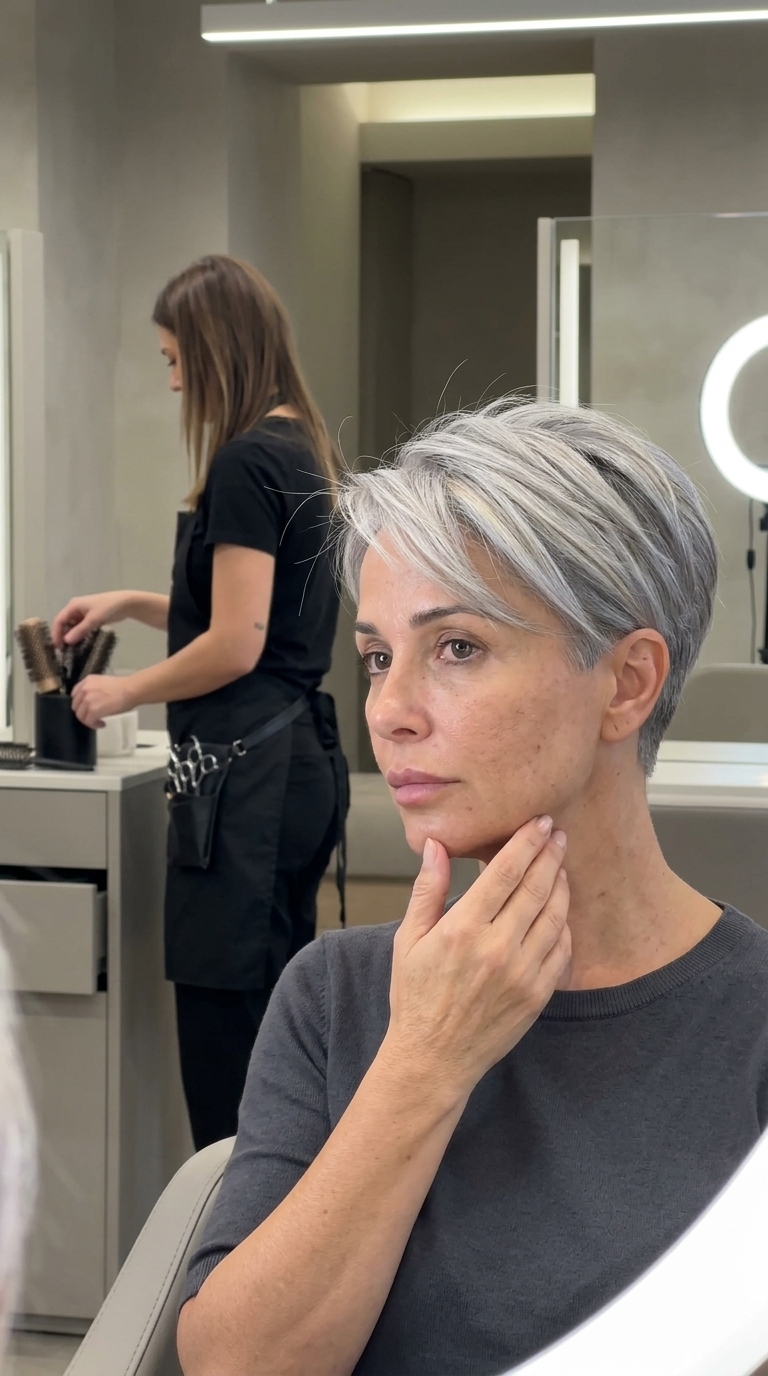 short platinum pixie haircut with textured layers and side-swept bangs for summer