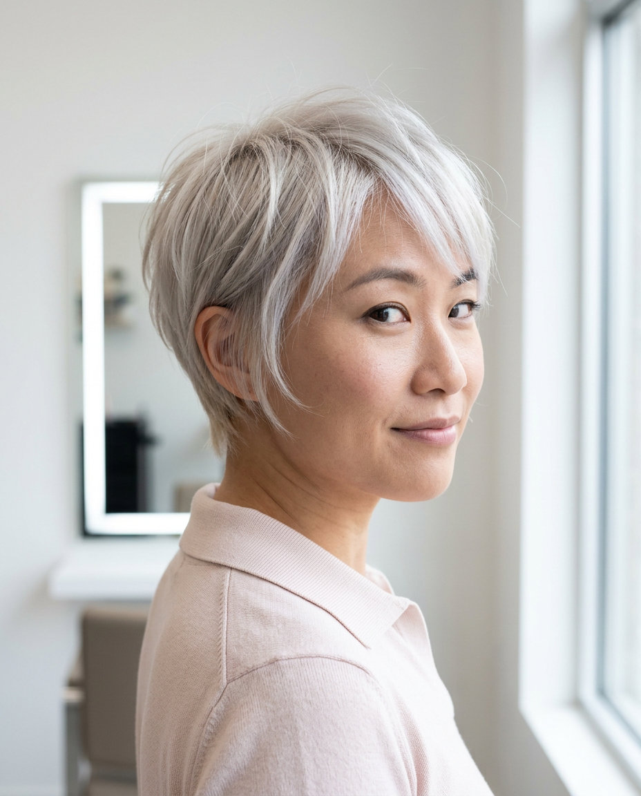 short icy blonde pixie cut with bright platinum hairline, wispy layers — playful youthful style