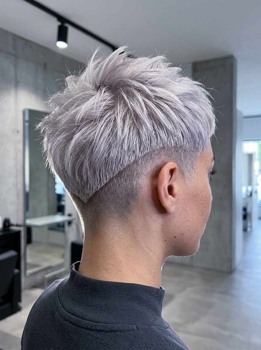 High-Impact Pixie 2026: Platinum & Edgy ultra-short pixie with undercut and spiky texture in icy platinum blonde for avant-garde events