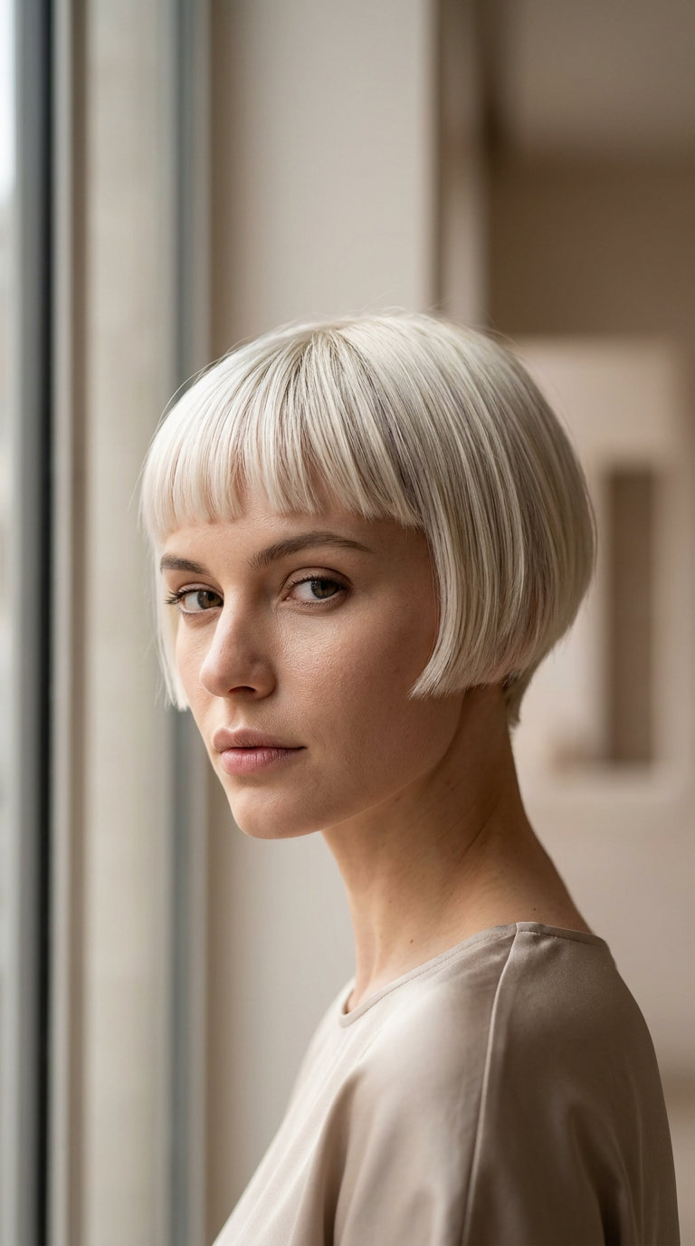 Sophisticated Summer Pixie Haircuts 2026: Platinum French very short blunt pixie haircut with icy platinum blonde, blunt micro-fringe — minimalist professional event