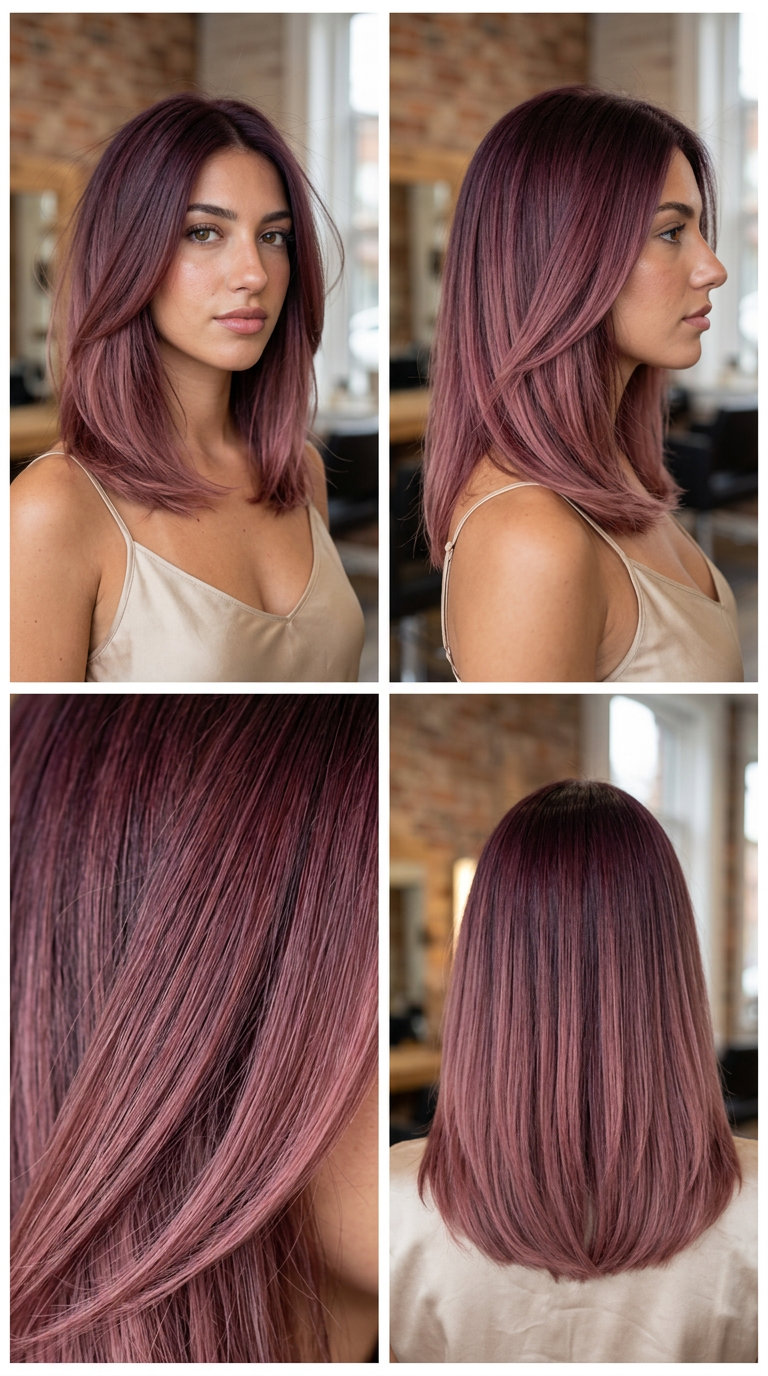 Plum Root Shadow Ombre Hair 2026 long plum root shadow ombre hair with plum root shadow, berry mid-lengths, rose ends for weekend