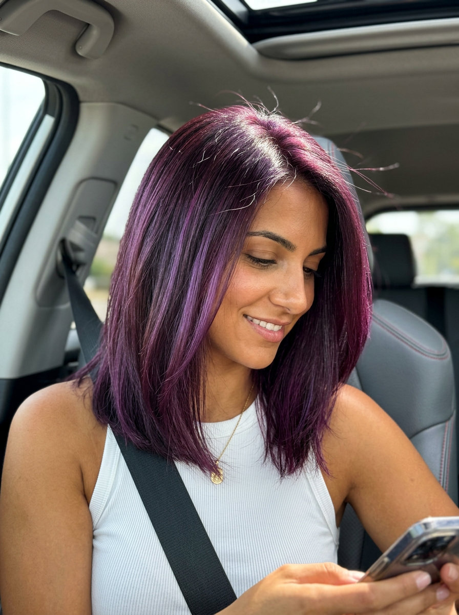 layered cut with plum ombré highlights, vibrant violet color, ombré technique — bold edgy look