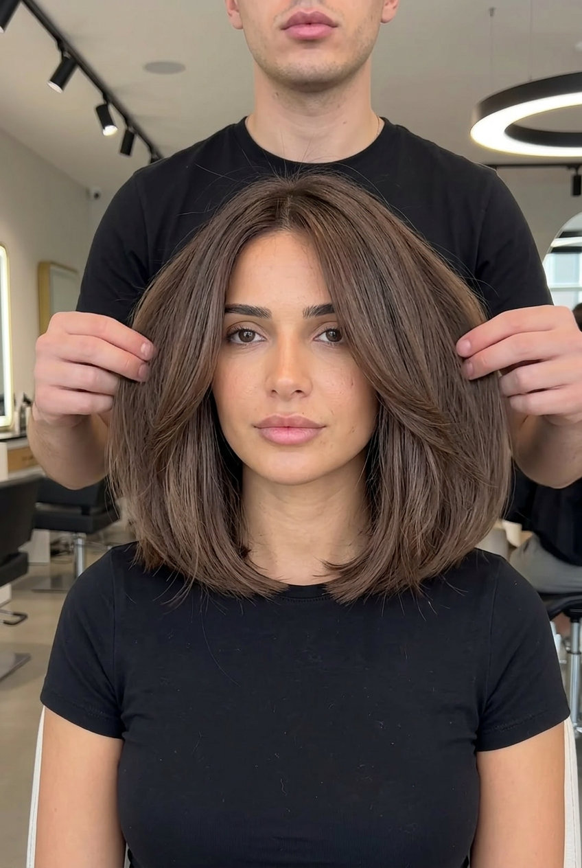 Parisian Mushroom Brown Waves: Collarbone Length 2026 collarbone-length portobello roast mushroom brown with muted mocha undertones and sweeping face-framing