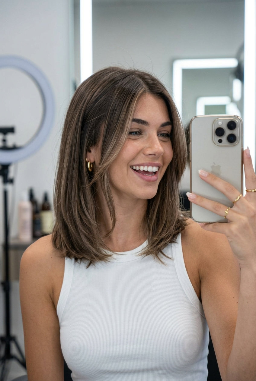 Chic Mushroom Brown Lob 2026 shoulder-length portobello mushroom brown lob with money piece and center part for chic look