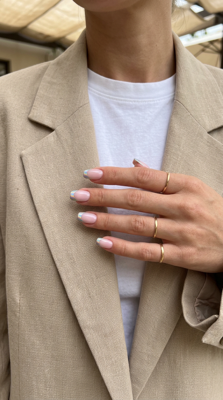Cute summer nails 2026: Futuristic Holographic Chrome French tips for festivals and parties.