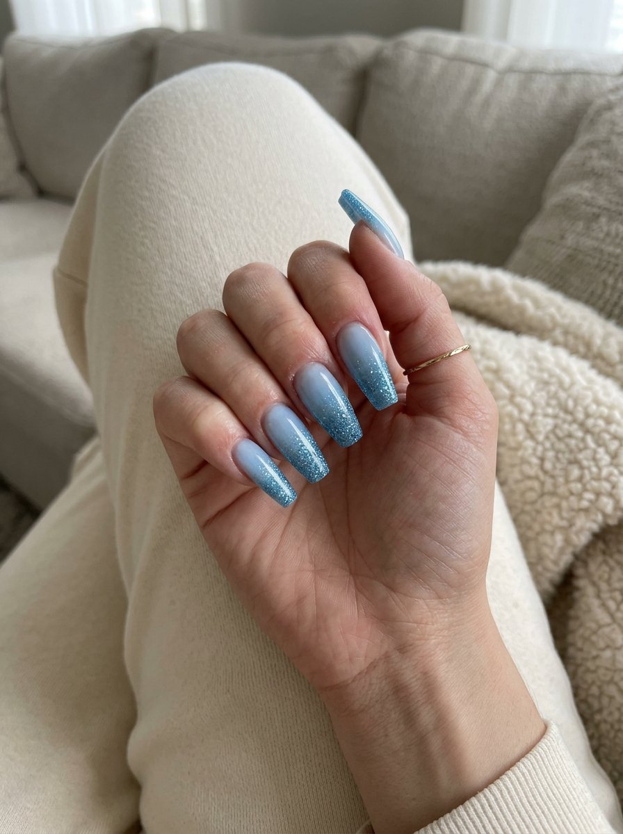 Cute summer nails 2026: Ocean sparkle glitter gradient on long coffin nails for a glamorous party look.