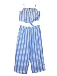 two piece set 100% Linen 2pc Matching Set Blue Stripe Crop Tank Top Wide Leg Pants Coastal L eBay $20