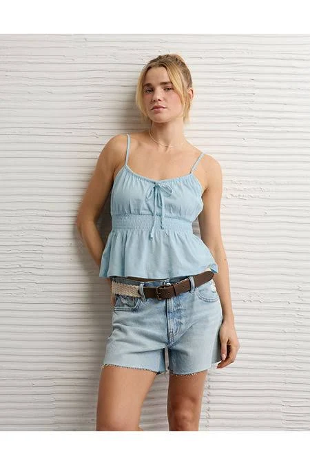 top AE Sunchaser Tie-Front Smocked Cami American Eagle Outfitters $11.98