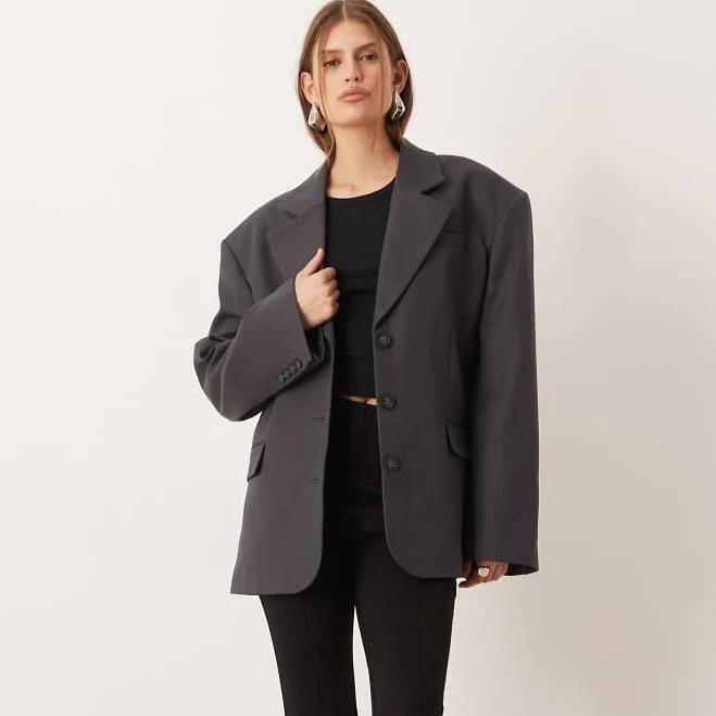 blazer ASOS DESIGN tailored wool blend oversized power shoulder blazer in charcoal-Gray ASOS $49.05