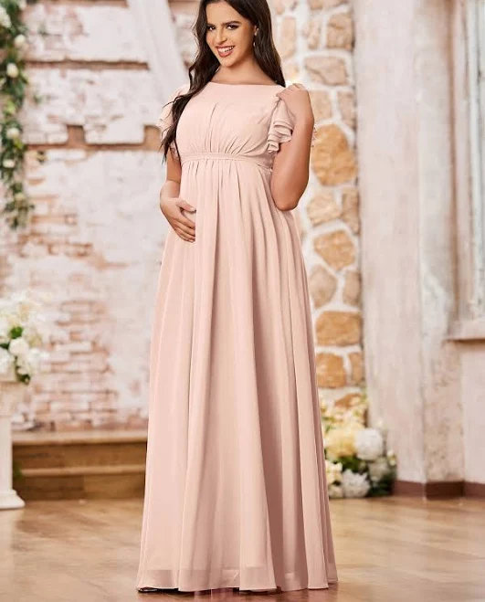 dress BABARONI Empire Flutter Sleeve Floor Length Chiffon Maxi Dress Babaroni.com $89.1