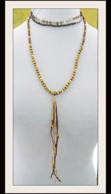 accessory Brown Wood & Brass Choker Necklace 3 Layer w Leather Dangle BoHo eBay - mackazee $6.99