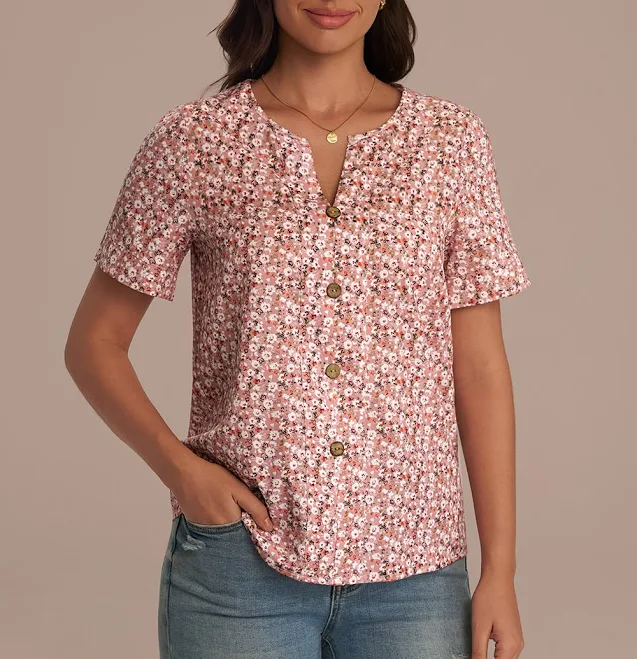 top Ditsy Floral V-Neck Button Front Blouse Petal Lush $20