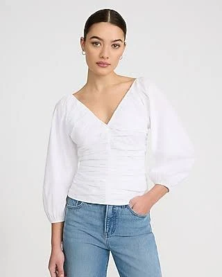 top Express Women's Stretch Cotton V-Neck Ruched Puff Sleeve Top Express $40.6