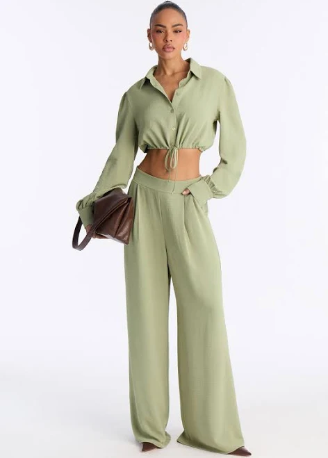 matching set Fashion Nova Long Sleeve Cropped Button Up Shirt and Wide Leg Pant Set Fashion Nova $39.99