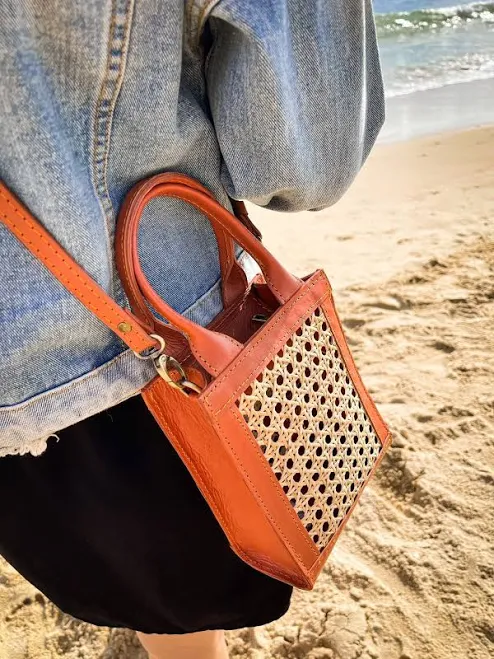 bag Handmade Leather & Rattan Crossbody Bag with Woven Sling Etsy - Seller $40