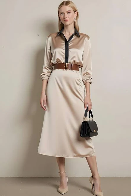 dress Leely Women's Satin Midi Shirt Work Dress with Belt Collar Neck and Sleeves Leely $97.75