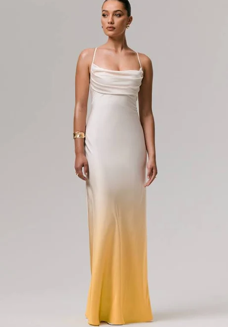 dress Lucie | Yellow Ombre Satin Cowl-Neck Maxi Dress, US 4 / YELLOW OMBRE Club L London USA $60