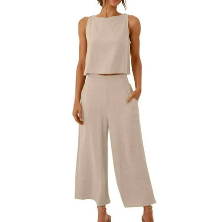 matching set Women's Elegant Cotton Linen Sleeveless Cropped Tank Top and High Waist Pants Set Walmart - UAMVSH Stores $16.18