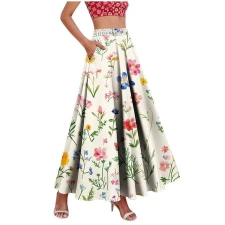 skirt Yugyxl Women's Floral Printed Maxi Skirts Pleated Elastic High Waist Long Skirt Casual Boho Flowy A-Line Dress with Pockets White XL, Green Walmart - YUGYXL $21.99