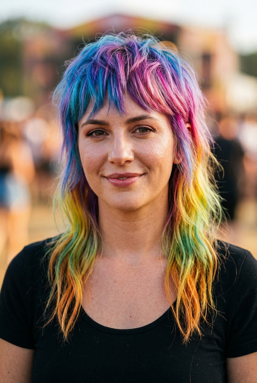 long rainbow ombré mullet with choppy layers and textured fringe