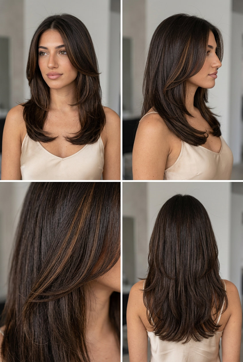 Curve Cut Haircut 2026 shoulder-length layered haircut with rich espresso brunette, caramel ribbons and inward-curving layers for summer