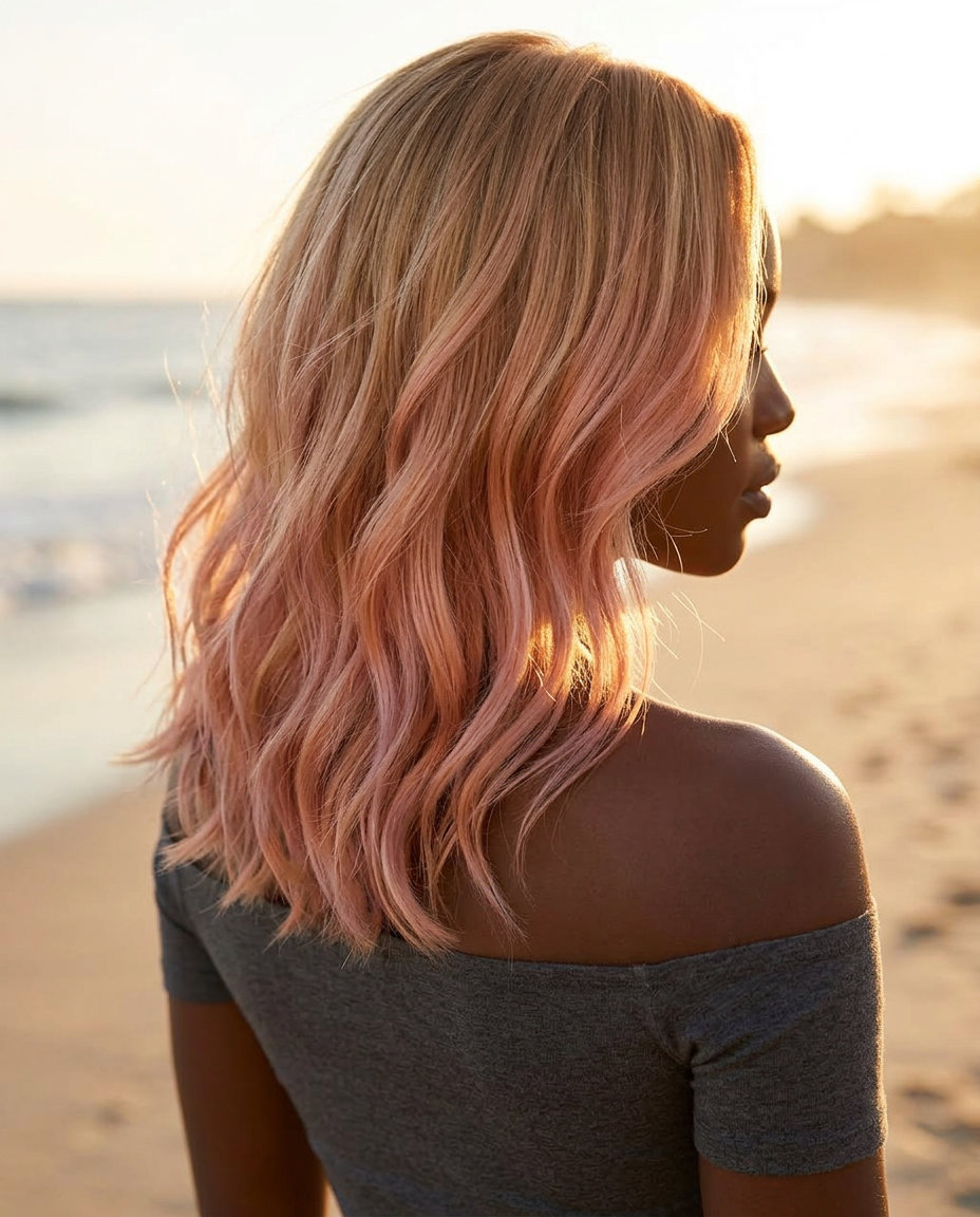 long rose gold color melt with warm blonde to shimmering rose gold, dreamy and playful