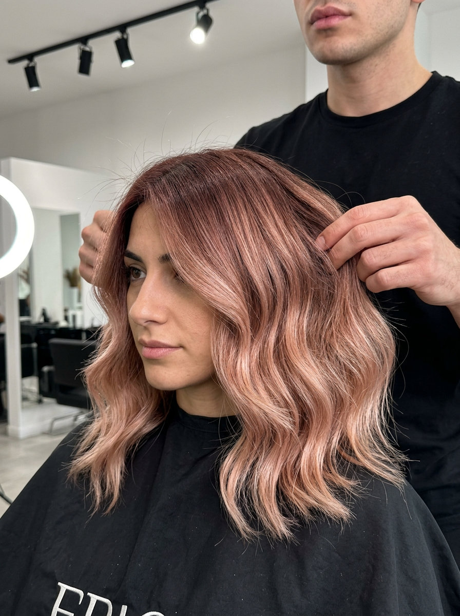 Rose Gold Root Reverse Ombre Hair 2026 long rose gold root reverse ombre hair with rose-brown root, rose gold blonde ends, color melt for festival