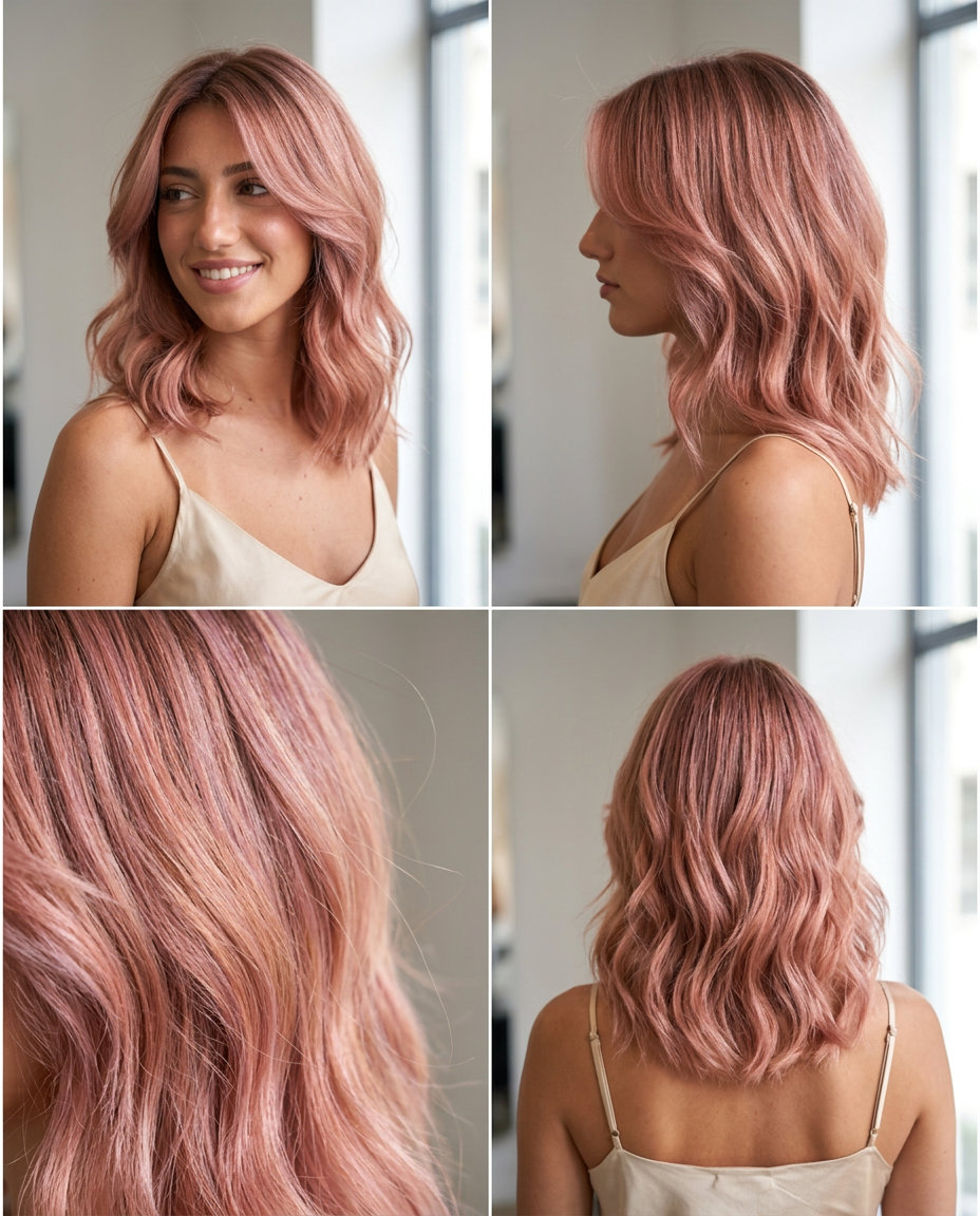 Rose Gold Collarbone Waves 2026 medium collarbone cut in rose gold with peach undertones, soft internal layering for date nights