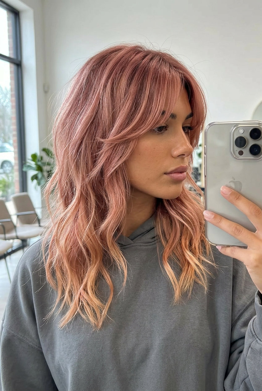 medium shag haircut with dusty rose gold over platinum blonde, choppy layers, feathered curtain bangs — playful festival style