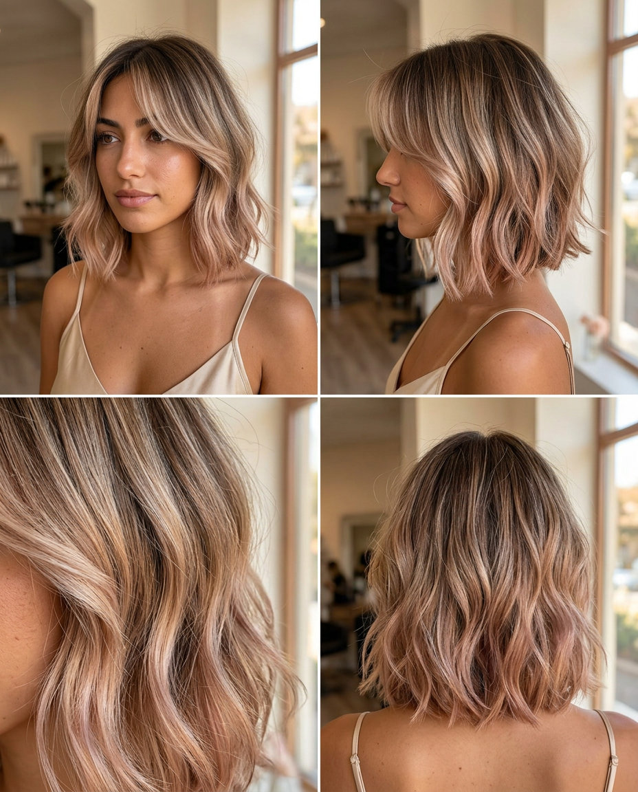 short wavy bob haircut with rose gold ombré, face-framing fringe — romantic festival style