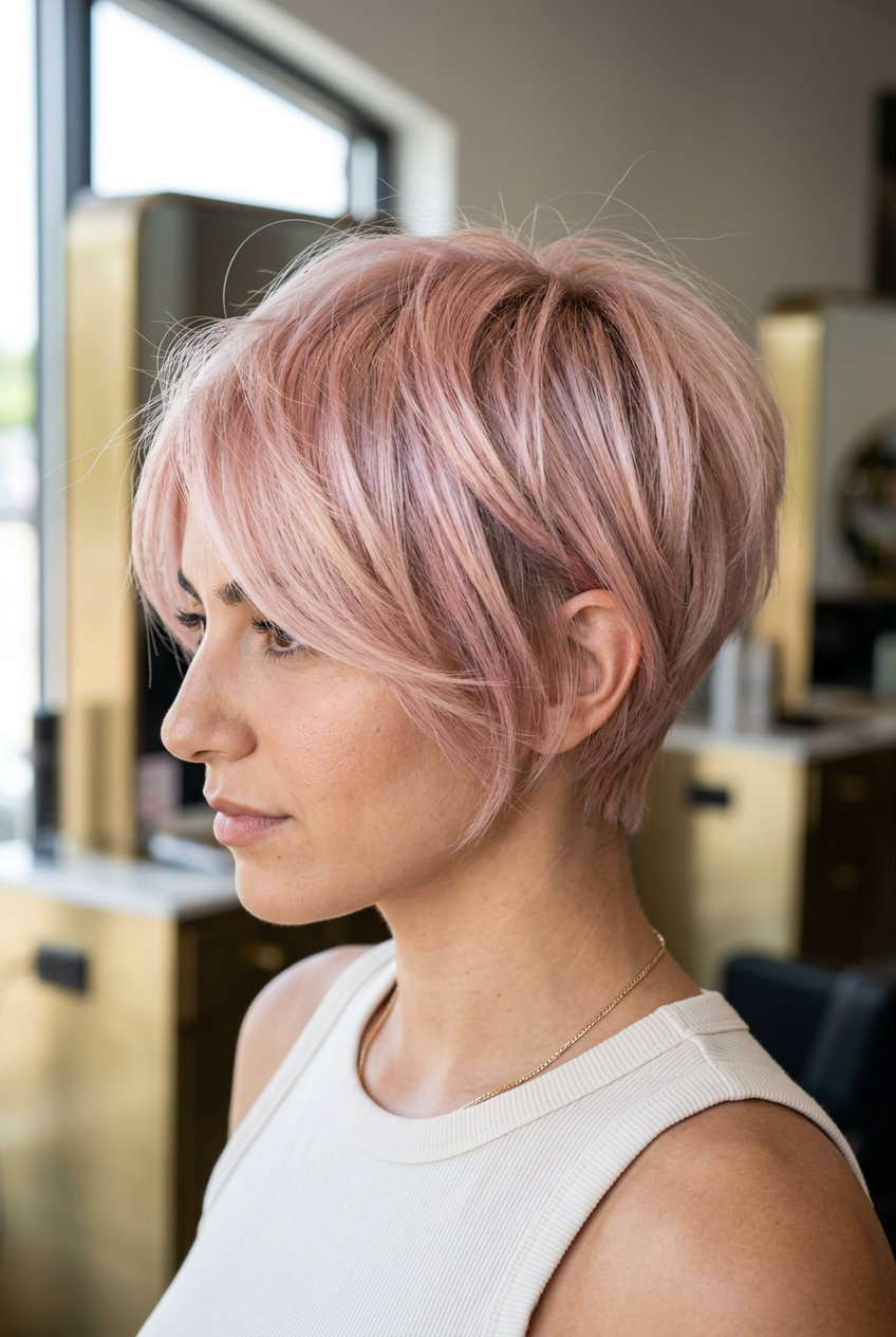 short crop haircut with rose gold pastel over platinum blonde, textured layers, no fringe — playful festival style