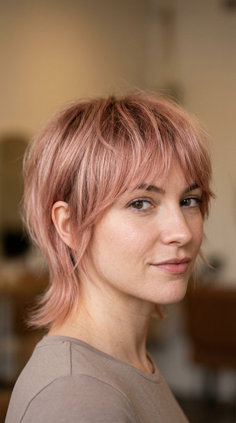 short rose gold pixie mullet with textured layers and micro-fringe for summer