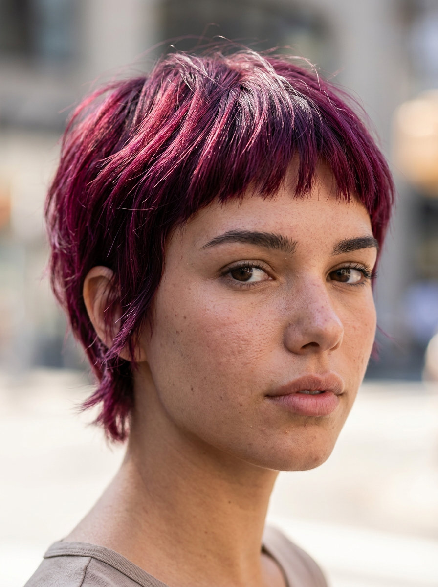 Micro-Bangs Pixie Shag 2026: Edgy & Rose Gold short pixie-shag with micro-bangs and razored texture in dusty rose gold on platinum base for music festivals