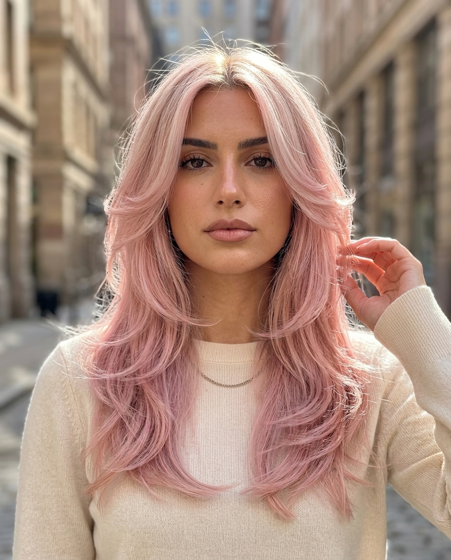 long butterfly layers haircut in soft rose quartz pastel pink over platinum blonde, chin-to-mid-back cascading layers, V-cut back — soft ethereal