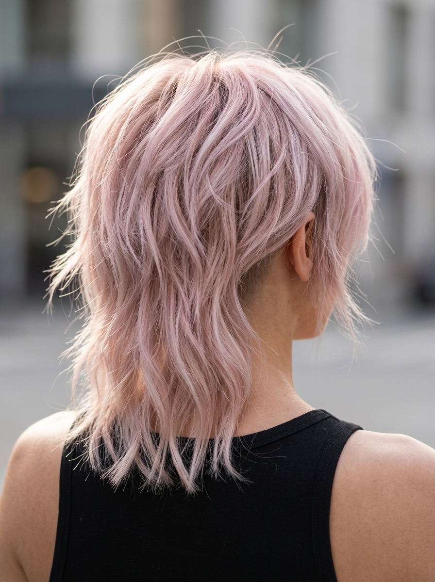 mid-length shag haircut in soft rose quartz pastel pink over platinum blonde, choppy disconnected layers, hidden undercut, textured fringe — edgy rebellious