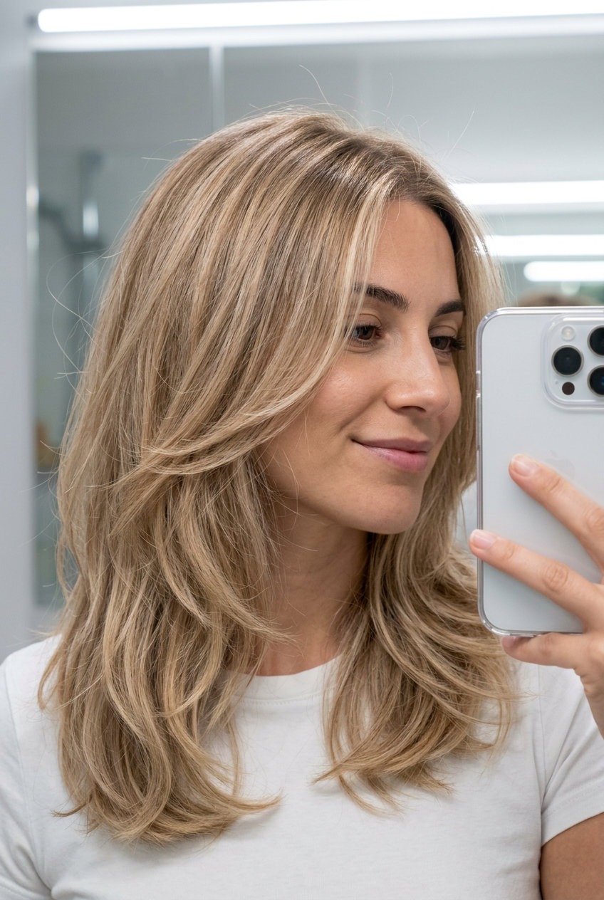 long sand blonde babylights money piece with soft layers