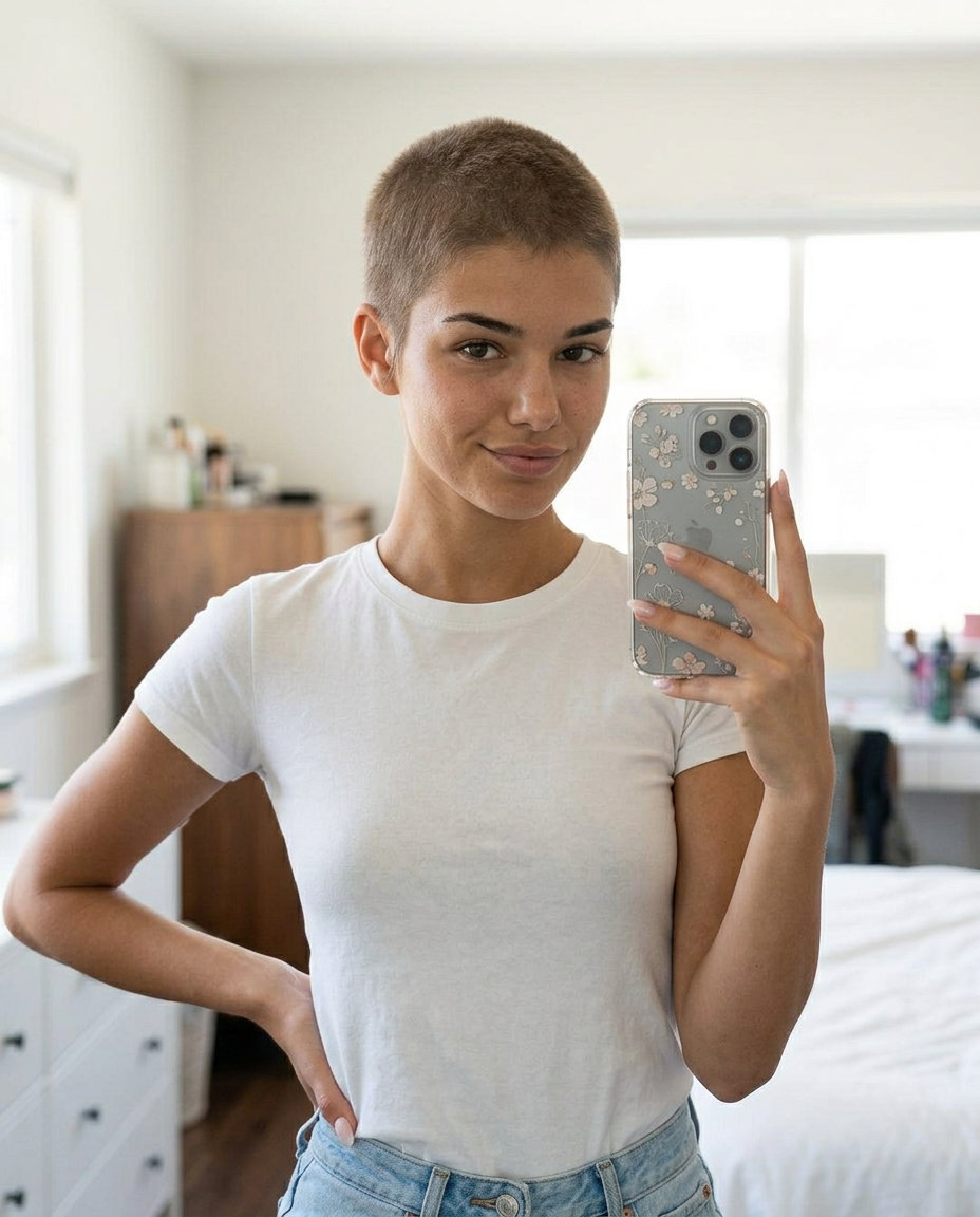 Sandstone Bronze Buzz Cut 2026 ultra-short buzz cut with sandstone bronze hair color, muted beige-bronze all-over tone, no fringe — minimalist and edgy